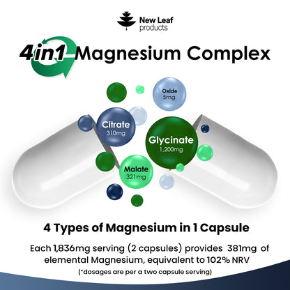 Magnesium Complex Glycinate, Citrate, Malate, Oxide High Strength Supplement Capsules