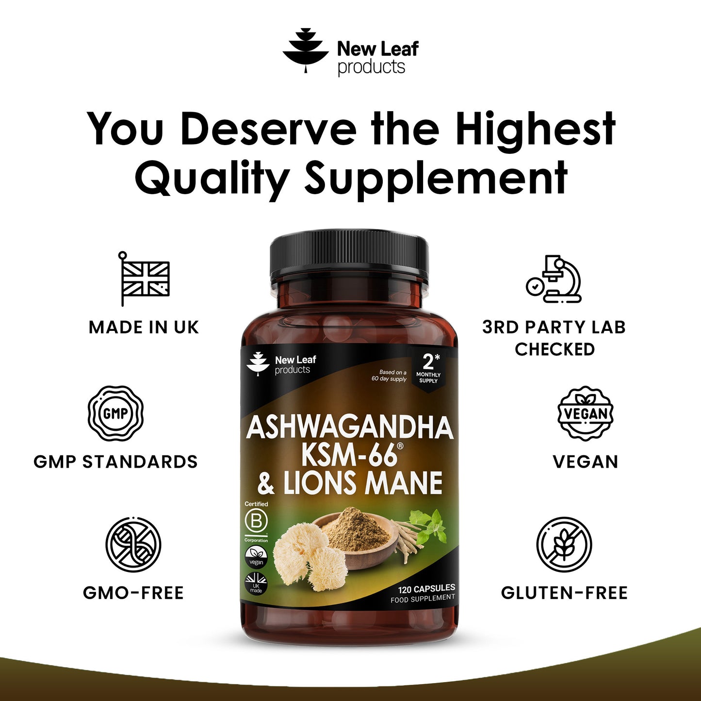 Ashwagandha KSM-66 Lions Mane High Strength Supplement Capsules