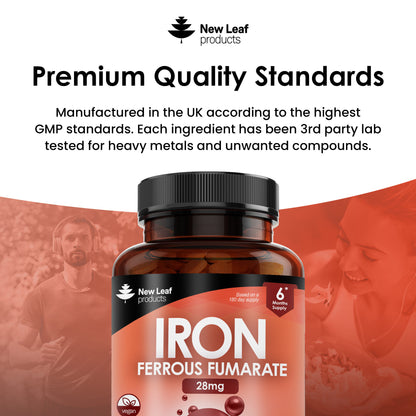 Gentle Iron Tablets 28mg - Ferrous Fumarate Iron Supplements Pills - 6 Month Supply