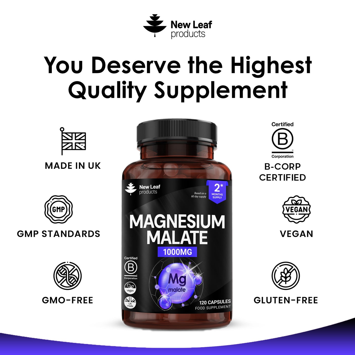 Supplement bottle labeled 'Magnesium Malate 1000MG' with New Leaf products branding and certification icons on a white background.