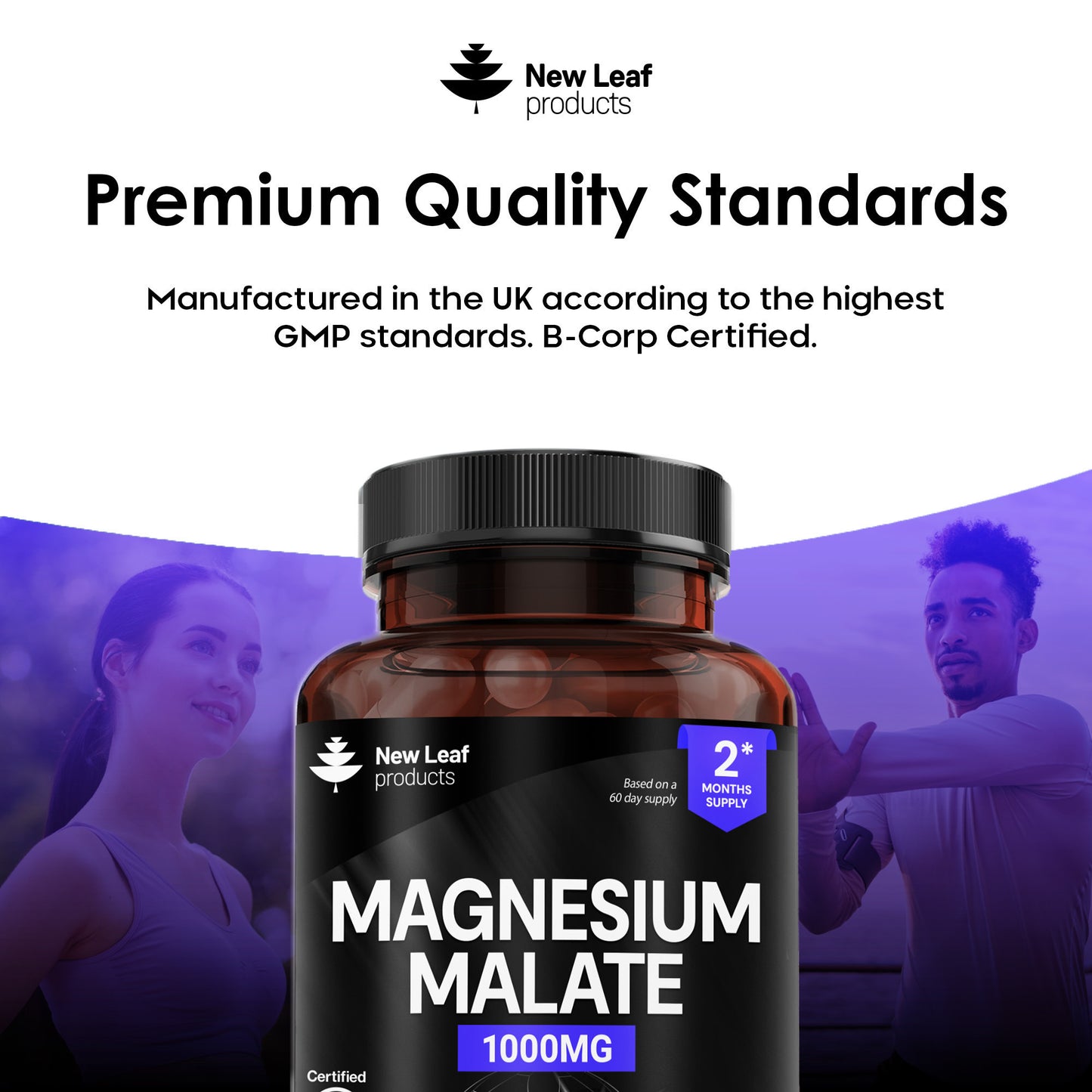 Bottle of New Leaf products Magnesium Malate supplement with a blurred background of two people exercising.