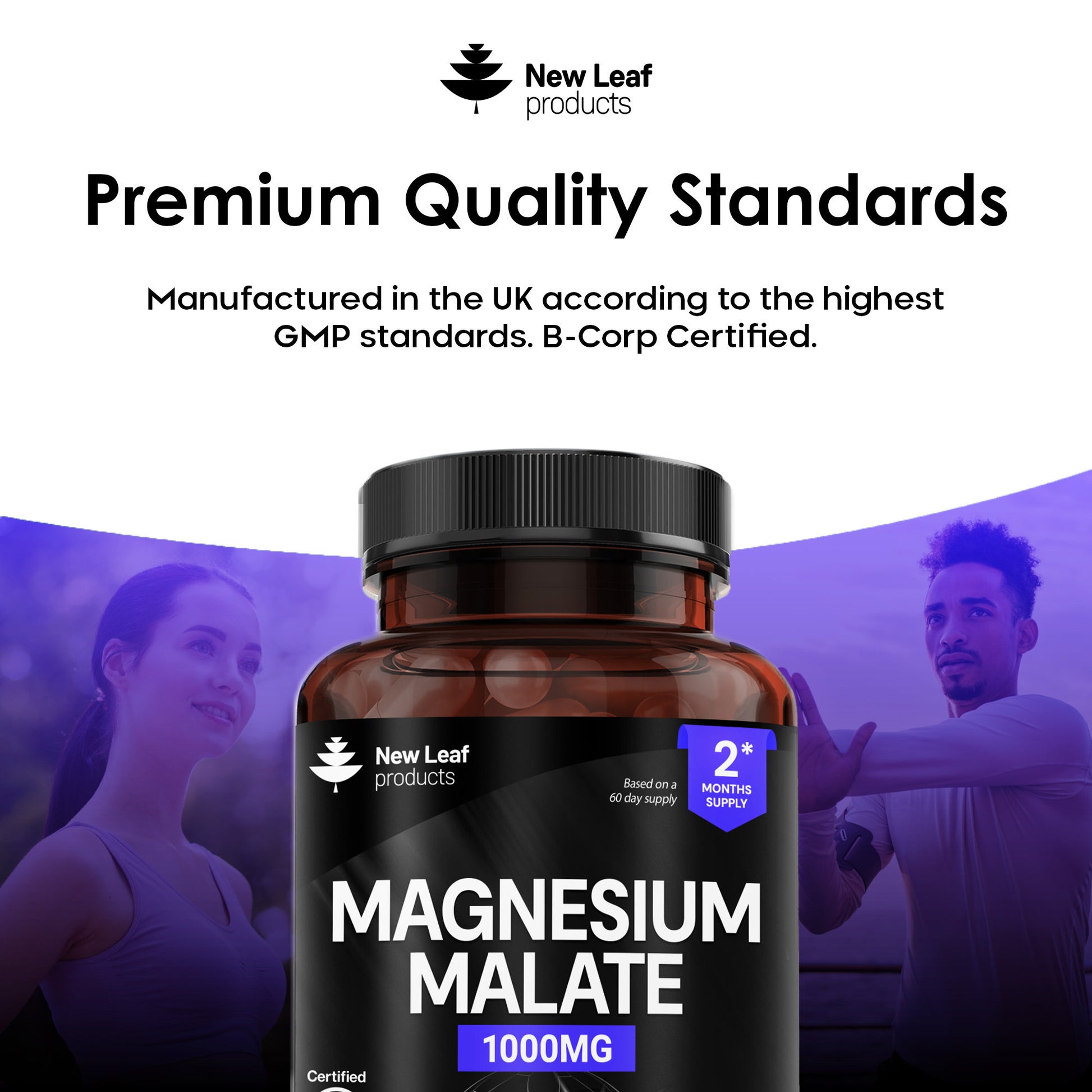 Bottle of New Leaf products Magnesium Malate supplement with a blurred background of two people exercising.