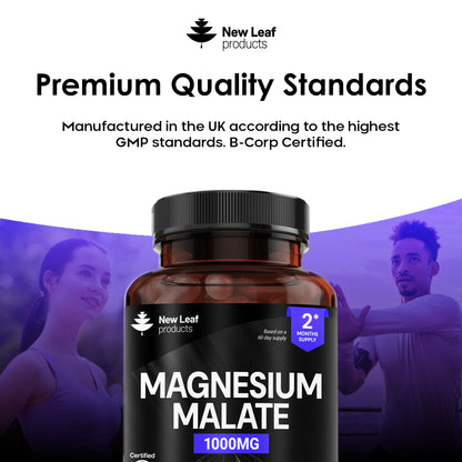 Bottle of New Leaf products Magnesium Malate supplement with a blurred background of two people exercising.