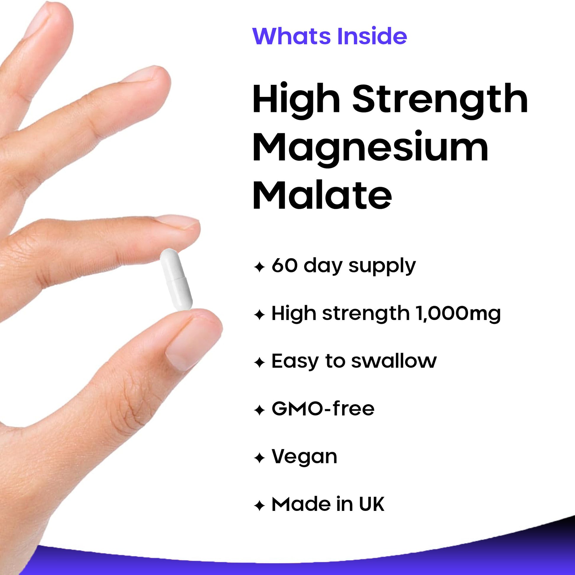 Hand holding a supplement capsule with product details on a white background