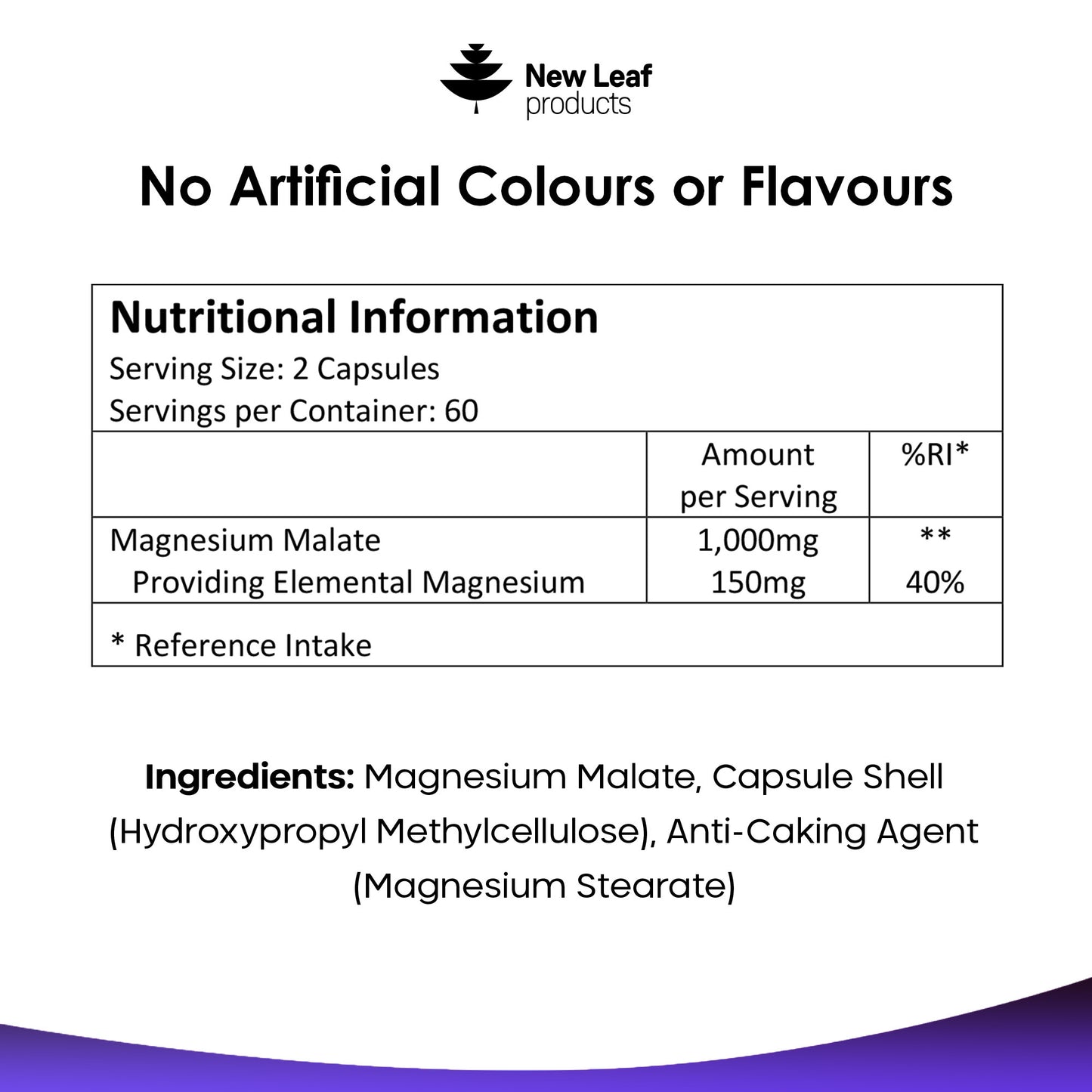 Nutritional information label for magnesium malate capsules with New Leaf products branding.