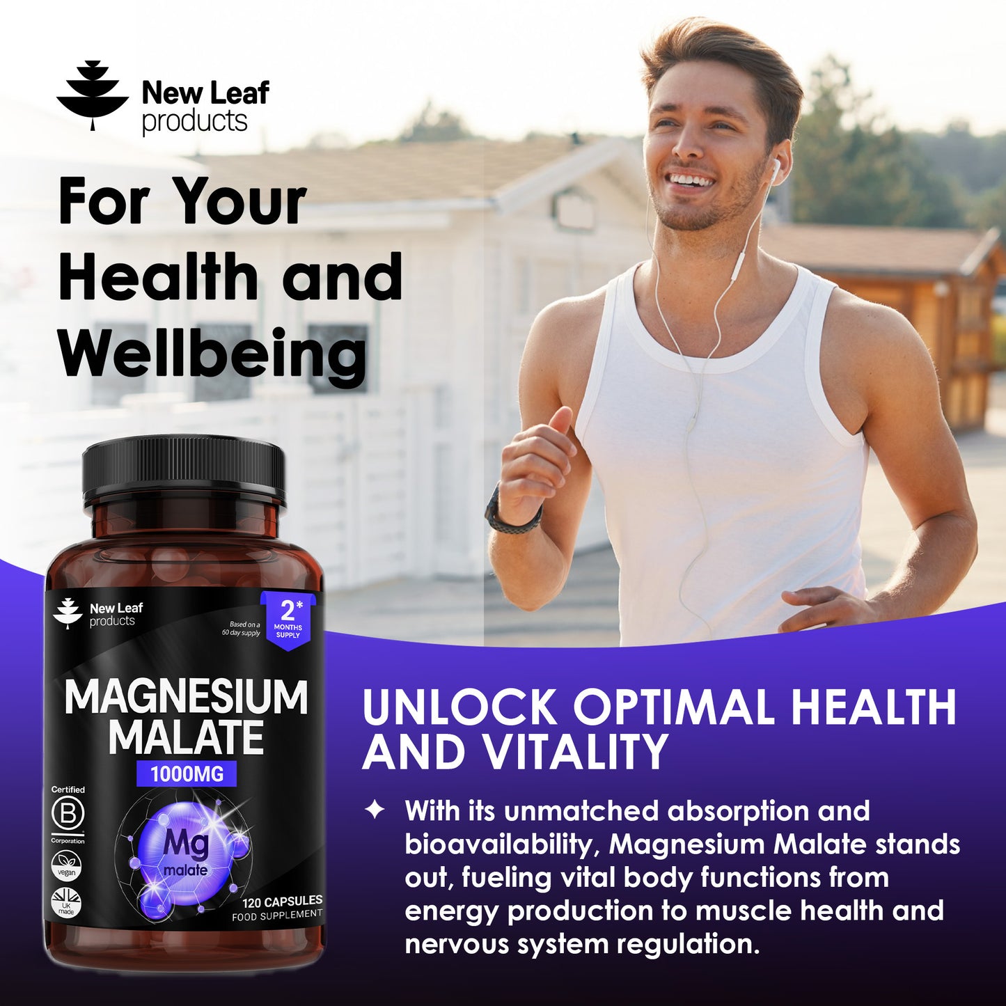 Bottle of New Leaf products Magnesium Malate supplement with a man exercising outdoors.