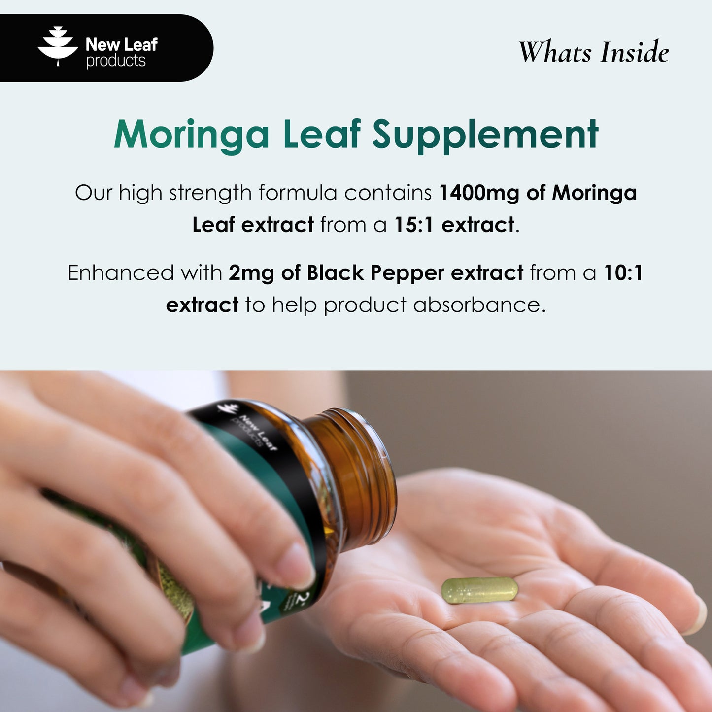 Moringa Leaf Capsules - High Strength 2000mg Pure Moringa Extract & Powder - 120 Vegan Capsules