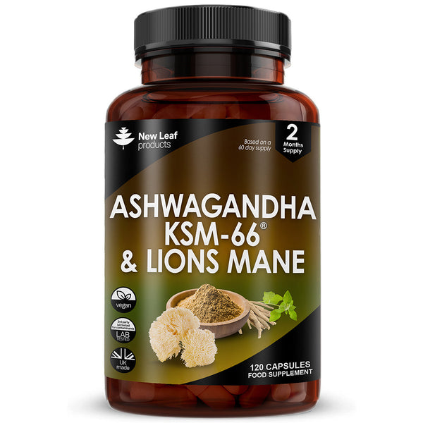 Ashwagandha KSM-66 & Lions Mane Capsules - 120 High Strength 2000mg Vegan Capsules with Black Pepper