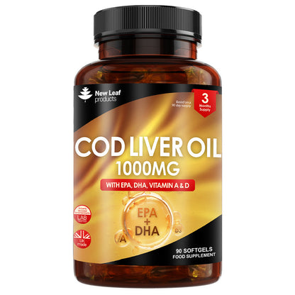 Cod Liver Oil Capsules 1000mg - 90 High Strength Softgels - Rich in Omega 3 EPA DHA Fatty Acids + Vitamins A & D
