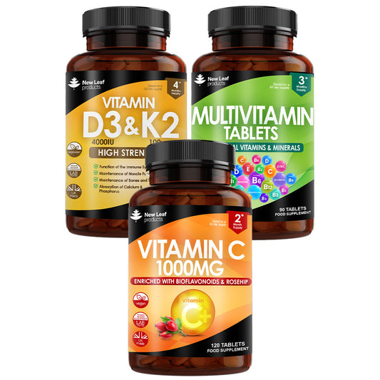 Essential Wellbeing Bundle - Vitamin C, Vitamin D3 & K2, Multivitamin Tablets