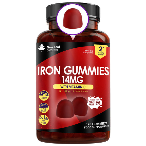 Iron Gummies 14mg - 120 Iron Supplements Enriched Vitamin C + Real Fruit Juice