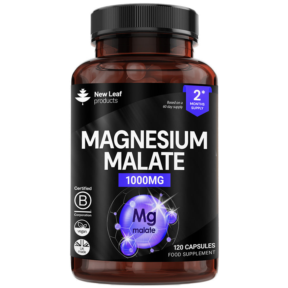 Supplement bottle labeled 'Magnesium Malate 1000MG' by New Leaf products on a white background