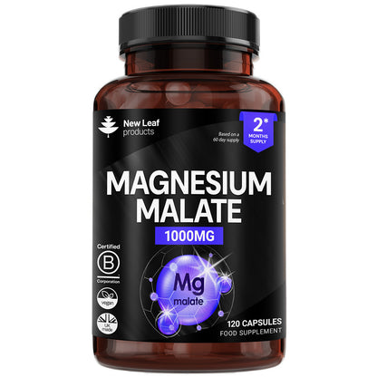 Supplement bottle labeled 'Magnesium Malate 1000MG' by New Leaf products on a white background