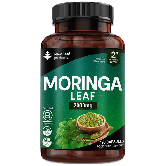 Bottle of New Leaf Moringa Leaf supplement on a white background


