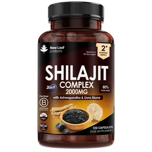Bottle of Shilajit Complex supplement with New Leaf Products branding on a white background