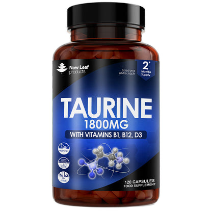 Taurine Supplement - 1800mg Taurine Capsules Enriched with Vitamins B1, B12 & D3 - 120 Capsules