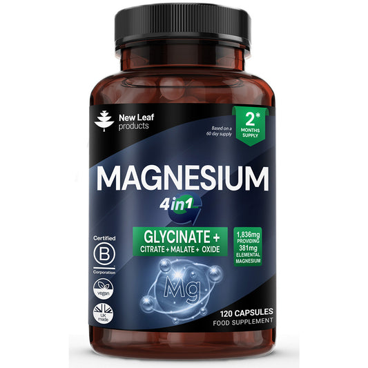 Bottle of New Leaf products Magnesium supplement on a white background