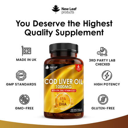 Cod Liver Oil Capsules 1000mg - 180 High Strength Softgels - Rich in Omega 3 EPA DHA Fatty Acids + Vitamins A & D