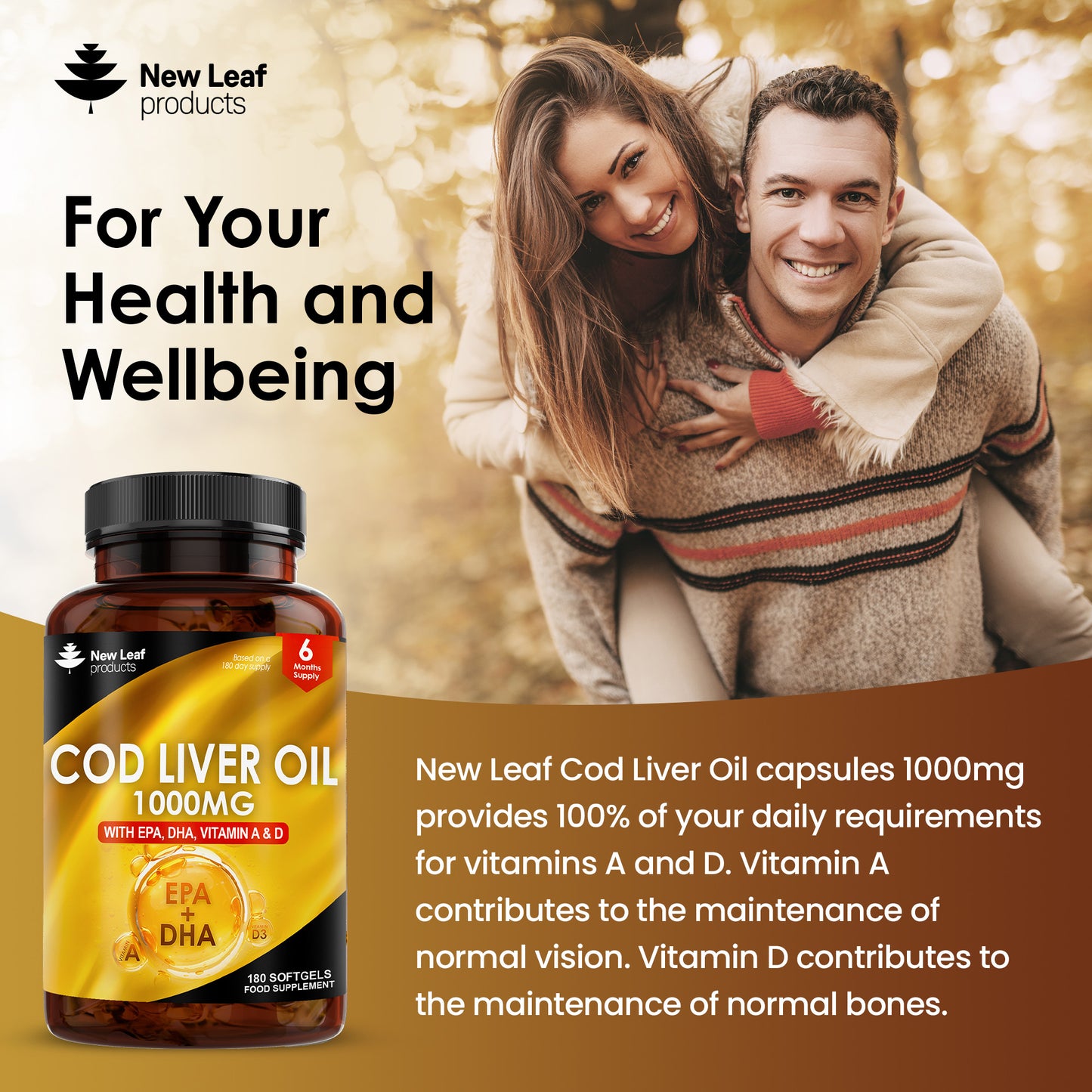 Cod Liver Oil Capsules 1000mg - 180 High Strength Softgels - Rich in Omega 3 EPA DHA Fatty Acids + Vitamins A & D