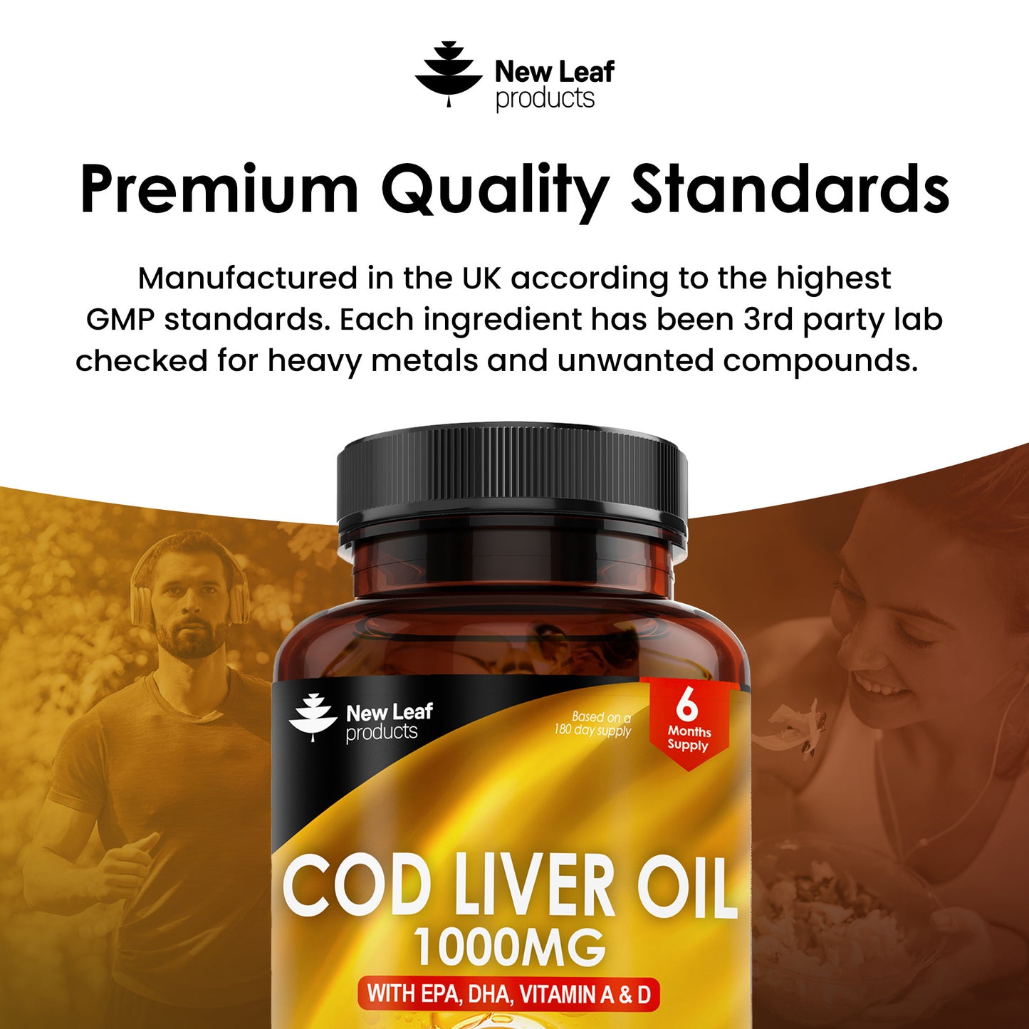 Cod Liver Oil Capsules 1000mg - 180 High Strength Softgels - Rich in Omega 3 EPA DHA Fatty Acids + Vitamins A & D