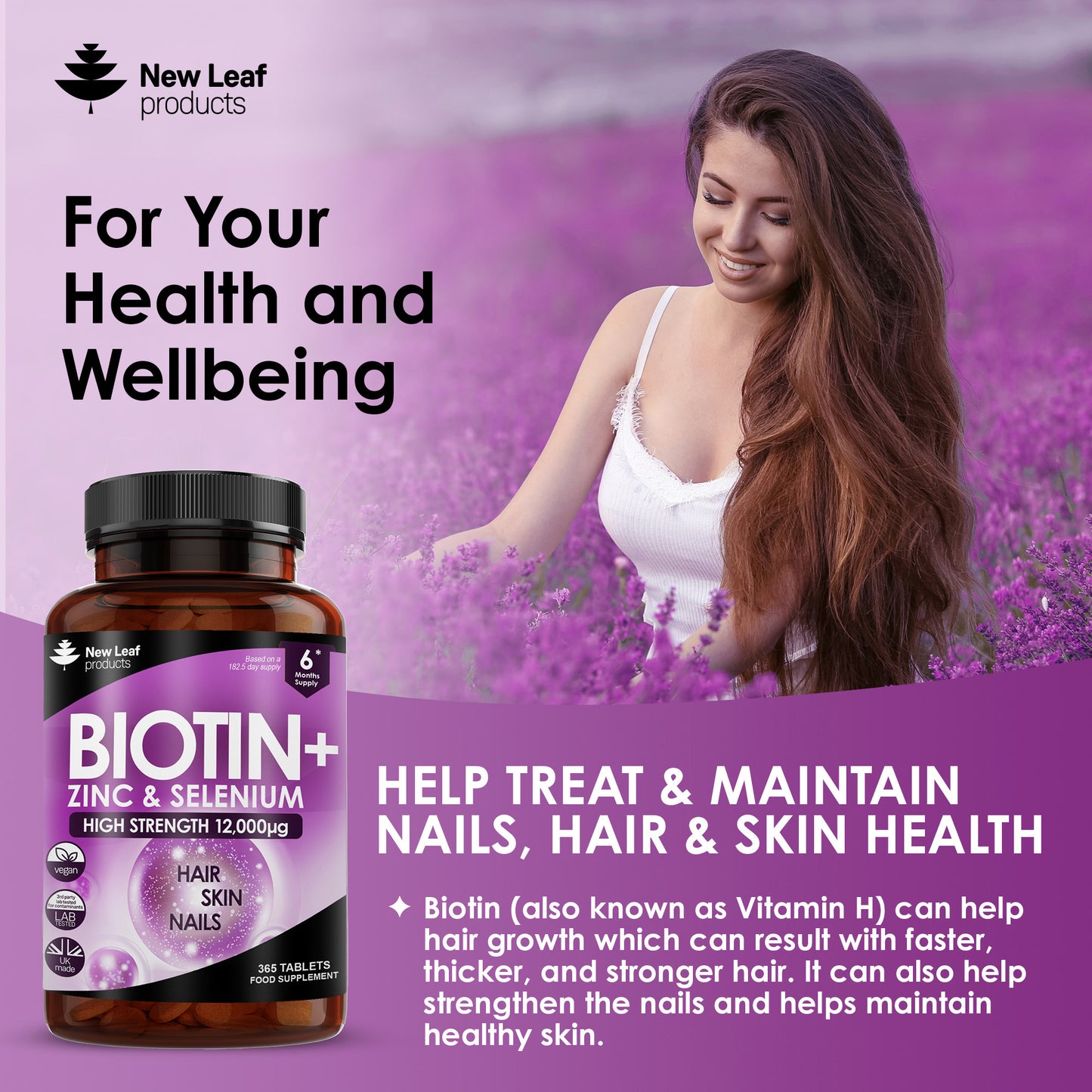 Biotin Hair Growth Vitamins 12,000mcg - Enriched with Zinc & Selenium (6 Months Supply)
