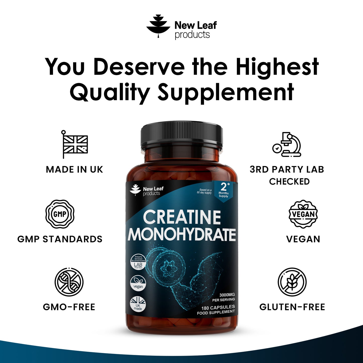 Creatine Monohydrate Capsules 3000mg - 180 Creatine Capsules - Gym / Workout Supplement