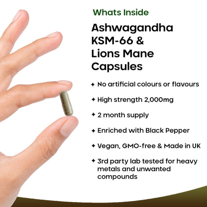 Ashwagandha KSM-66 & Lions Mane Capsules - 120 High Strength 2000mg Vegan Capsules with Black Pepper