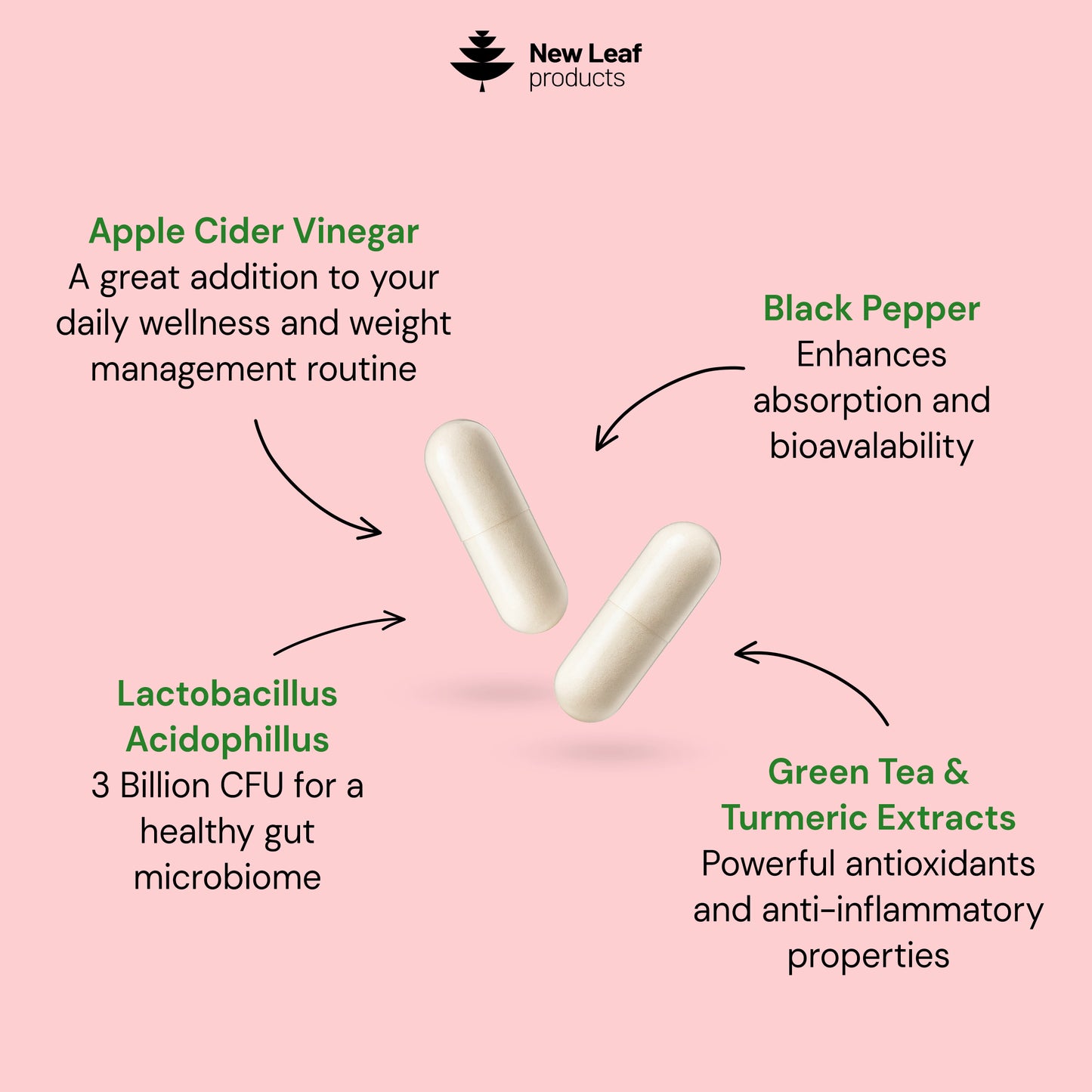 Apple Cider Vinegar + Green Tea, Turmeric & Acidophilus  | 180 Capsules