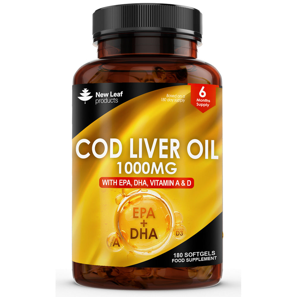 Cod Liver Oil Capsules 1000mg - 180 High Strength Softgels - Rich in Omega 3 EPA DHA Fatty Acids + Vitamins A & D