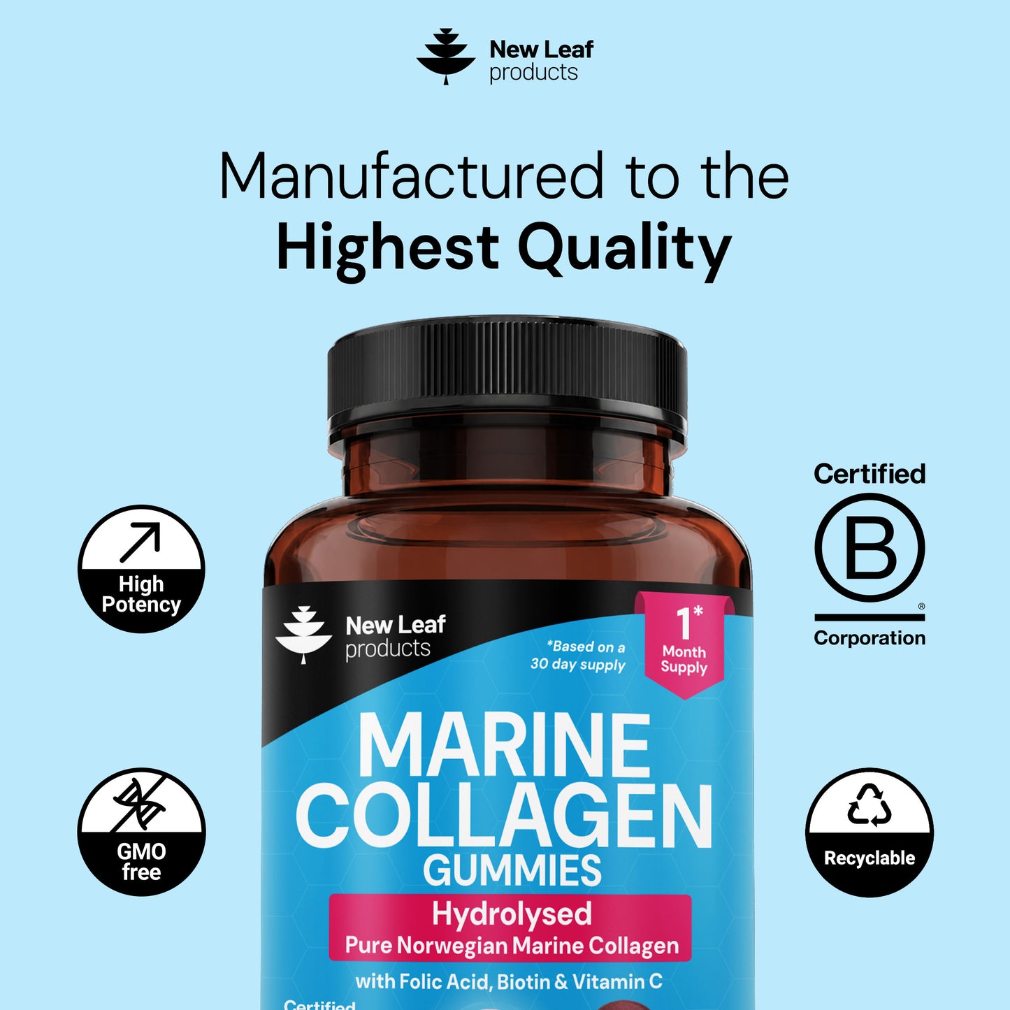 Marine Collagen + Vitamin C, Folic Acid & Biotin | 60 Gummies