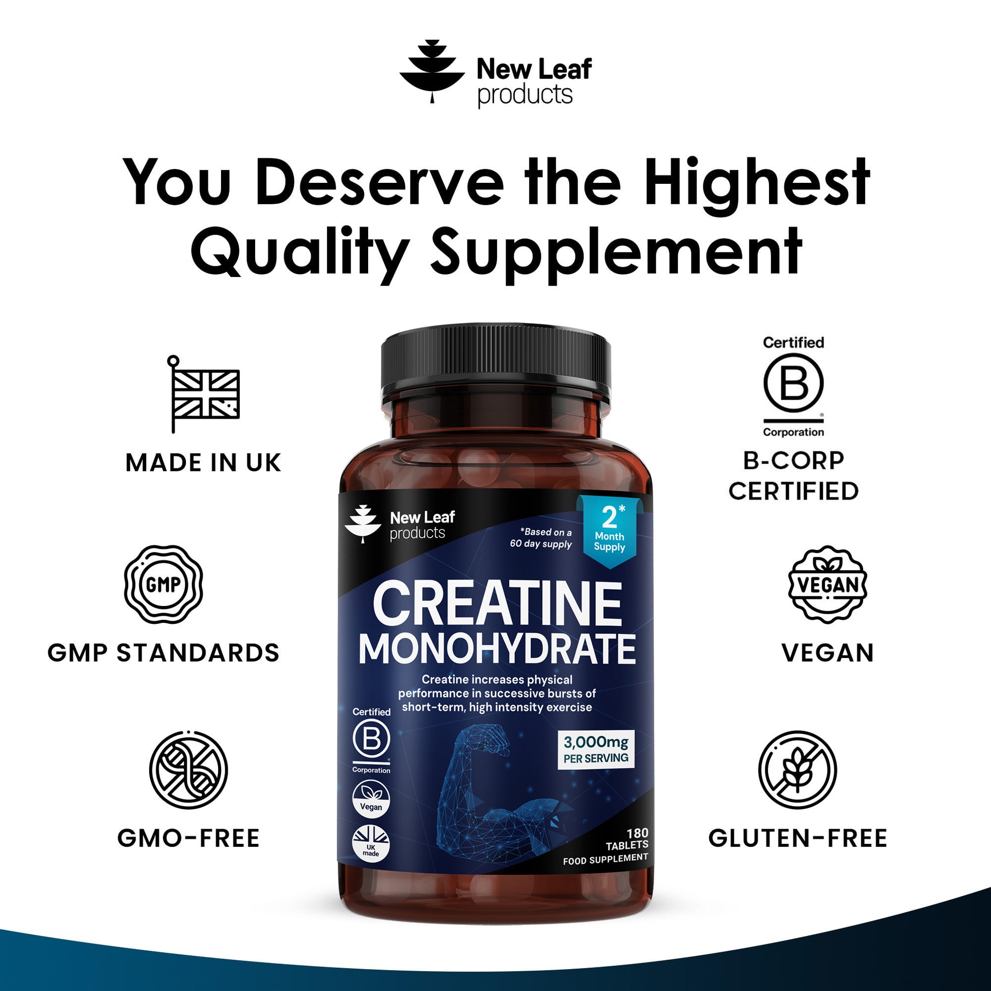 New Leaf Products Creatine Monohydrate Tablets 3000mg - 180 Creatine Tablets - Gym / Workout