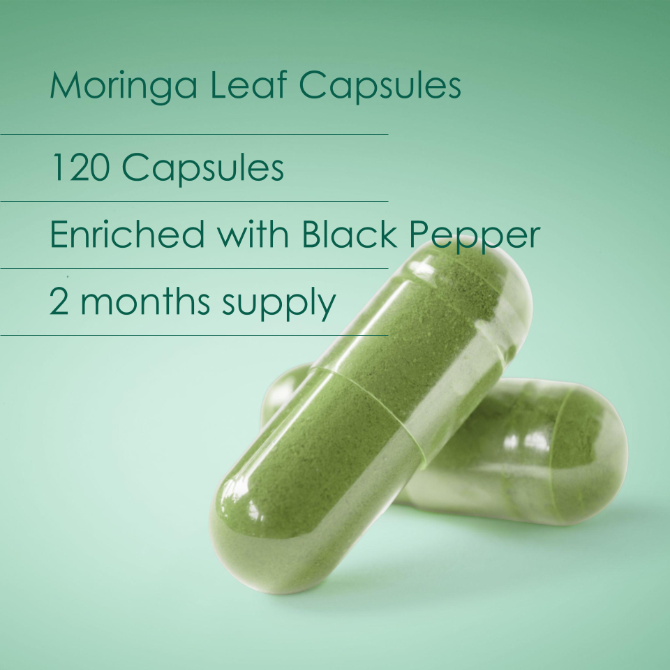 Bottle of New Leaf Moringa Leaf supplement on a white background

