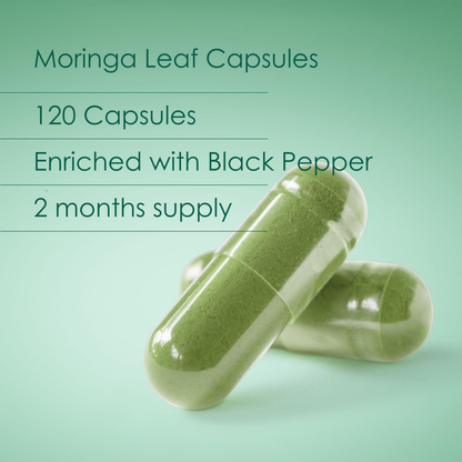 Bottle of New Leaf Moringa Leaf supplement on a white background

