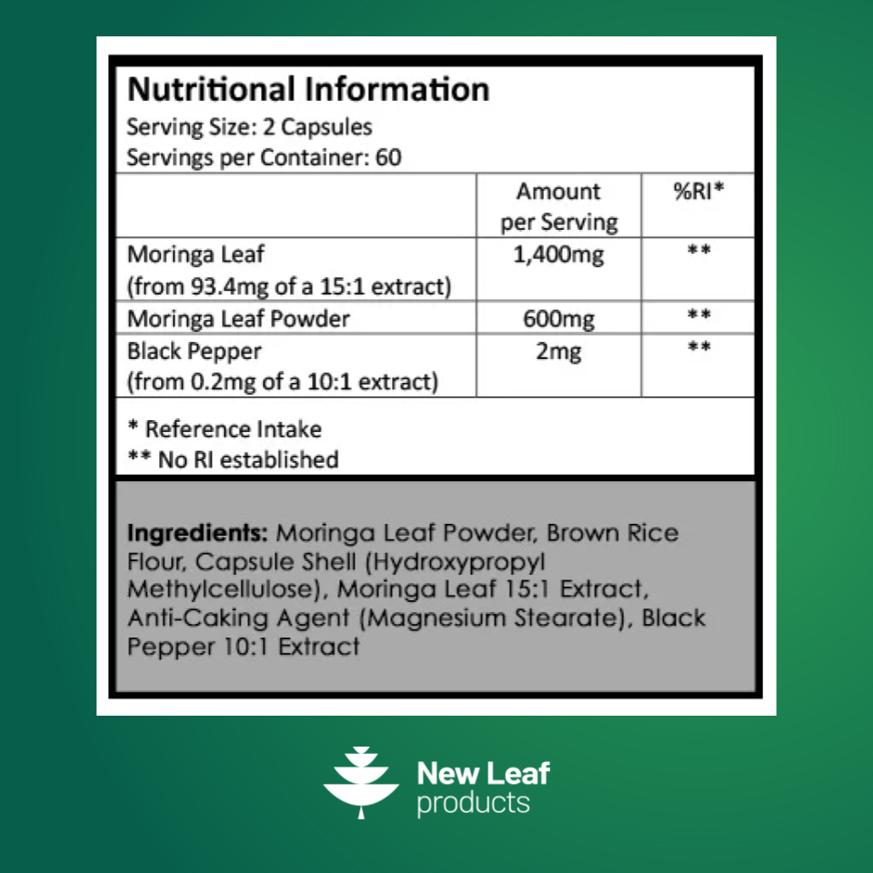 Nutritional information label for a supplement product by New Leaf Products on a green background.