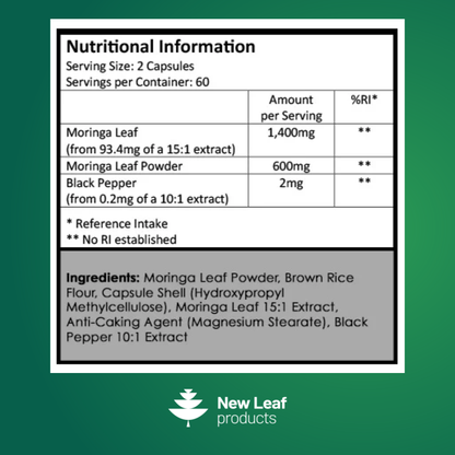Nutritional information label for a supplement product by New Leaf Products on a green background.