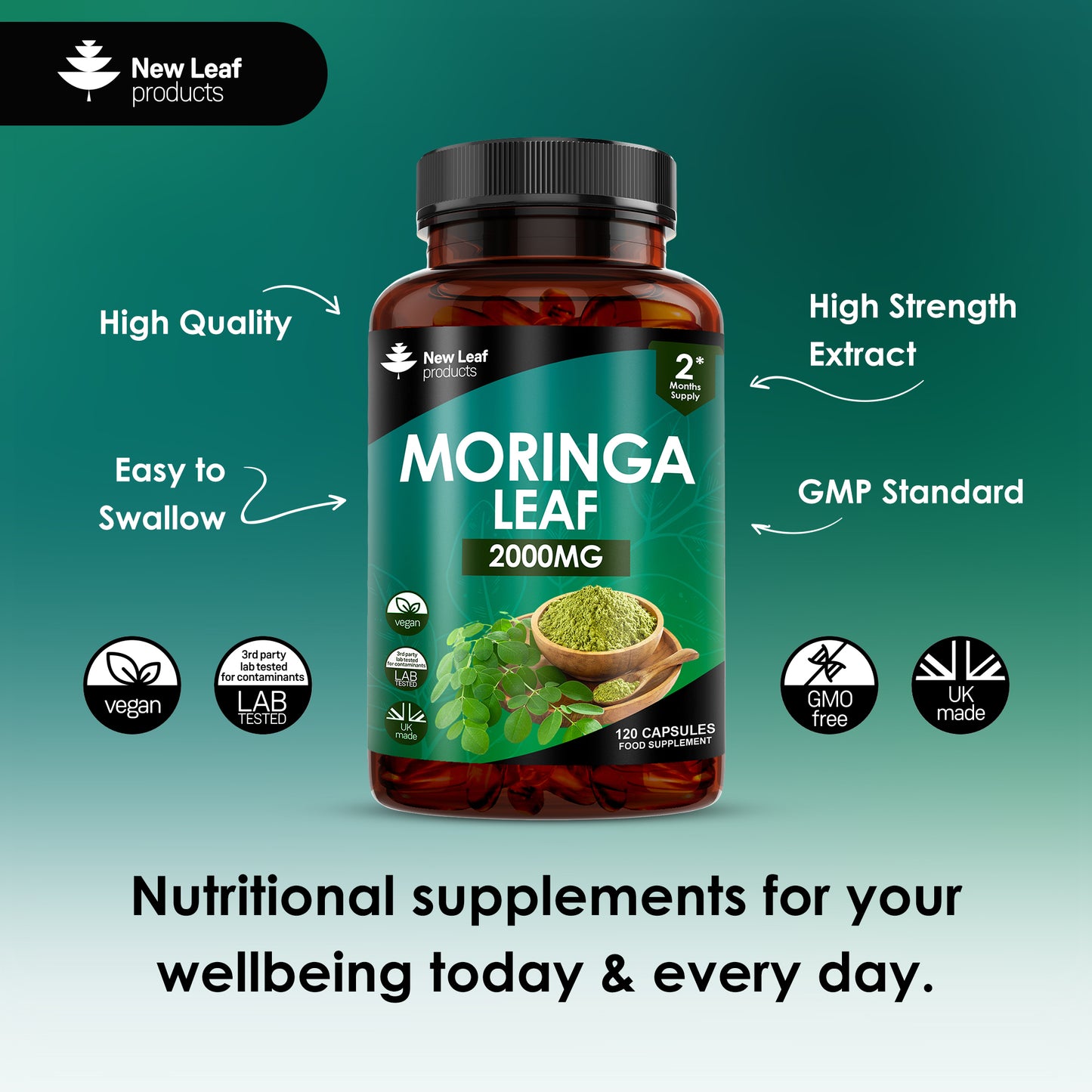 Moringa Leaf Capsules - High Strength 2000mg Pure Moringa Extract & Powder - 120 Vegan Capsules