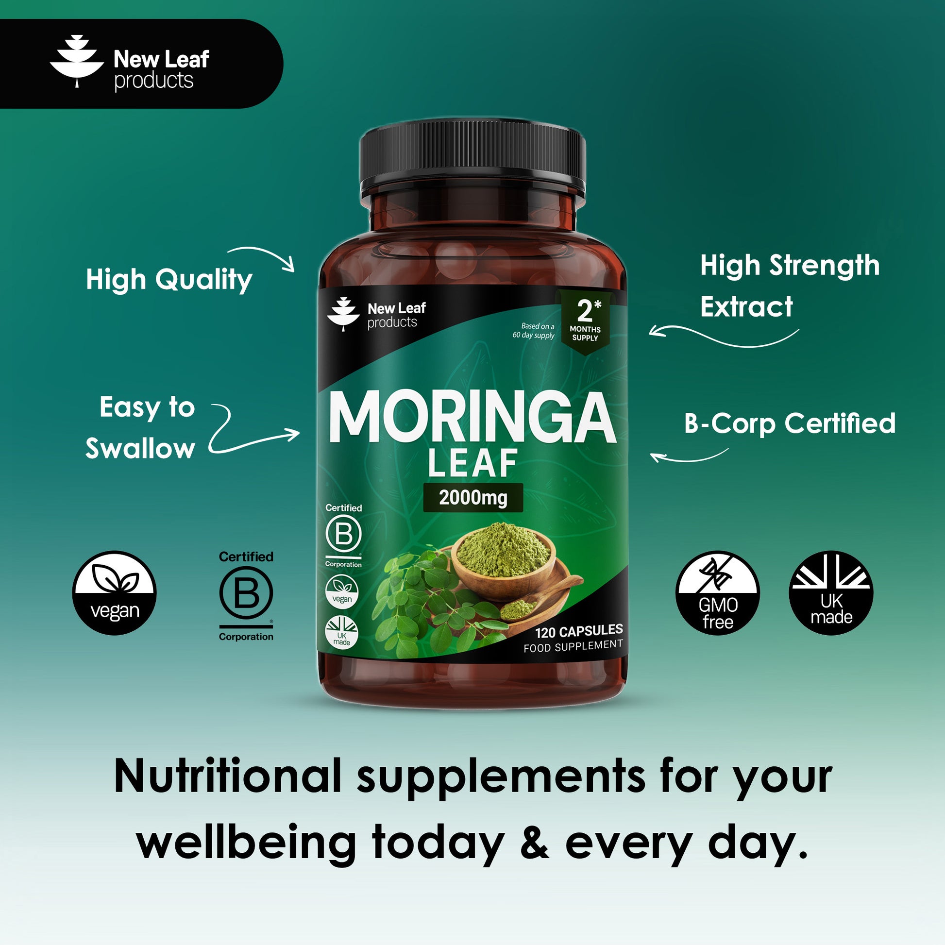Moringa leaf supplement bottle with New Leaf Products branding on a green background