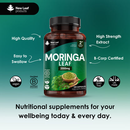 Moringa leaf supplement bottle with New Leaf Products branding on a green background