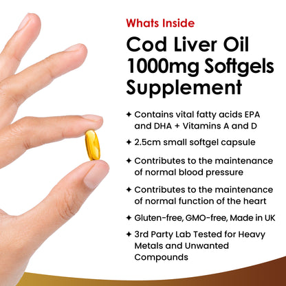 Cod Liver Oil Capsules 1000mg - 180 High Strength Softgels - Rich in Omega 3 EPA DHA Fatty Acids + Vitamins A & D