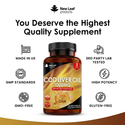 Cod Liver Oil Capsules 1000mg - 90 High Strength Softgels - Rich in Omega 3 EPA DHA Fatty Acids + Vitamins A & D