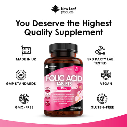 Folic Acid Tablets 400mcg - 120 Folic Acid High Strength Pregnancy Vitamins