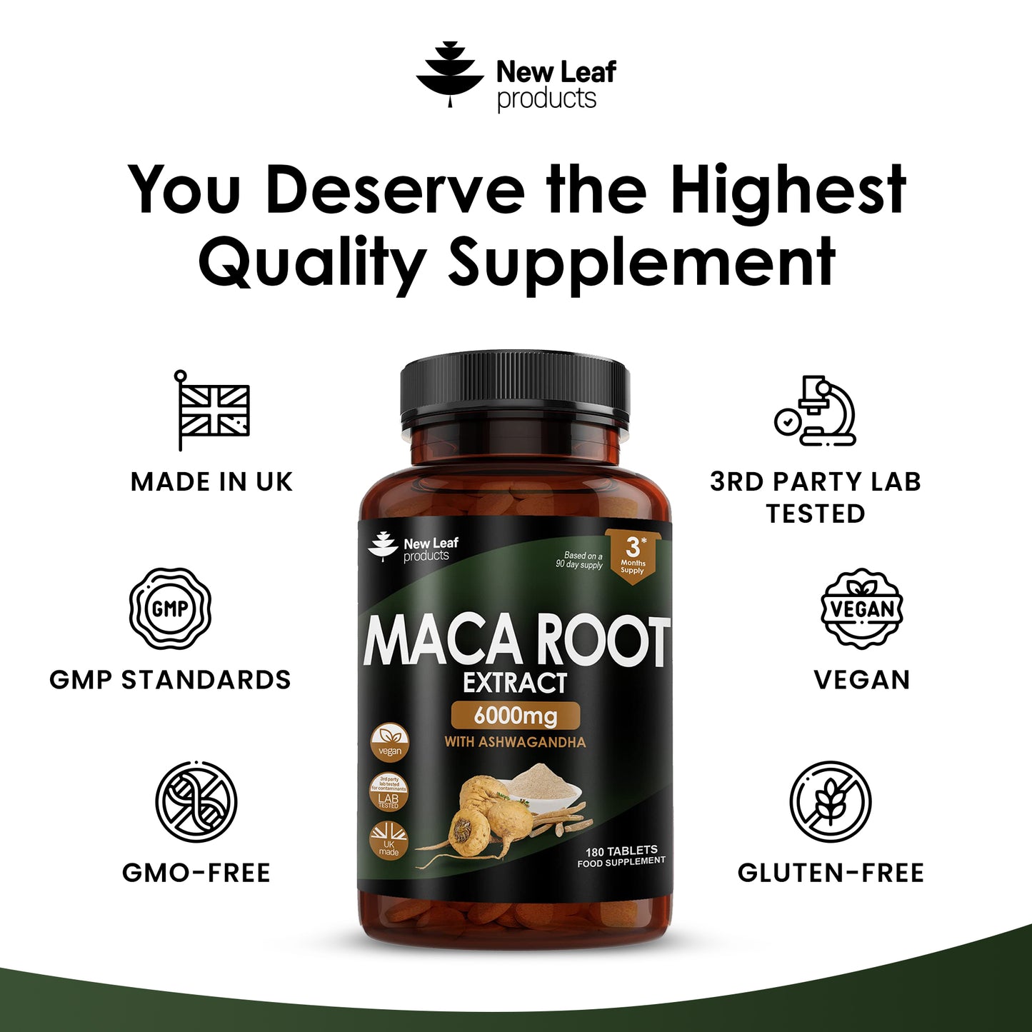 Maca Root 6000mg With Ashwagandha – 100% Peruvian Black Maca Root 180 Tablets