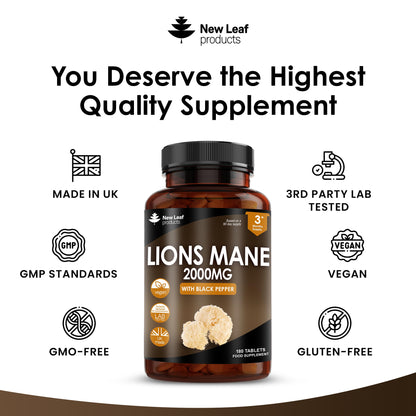 Lions Mane Mushroom 2000mg - 180 High Strength Vegan Tablets - Lion's Mane Supplement with Black Pepper