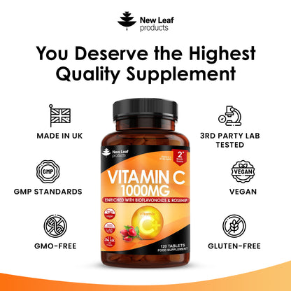 Vitamin C Tablets 1000mg - 120 High Strength Supplements + Bioflavonoids, Rosehip & Ascorbic Acid