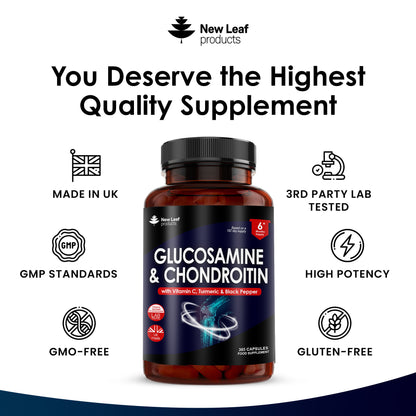 Glucosamine & Chondroitin High Strength - 365 Capsules Enriched with Vitamin C, Turmeric and Black Pepper