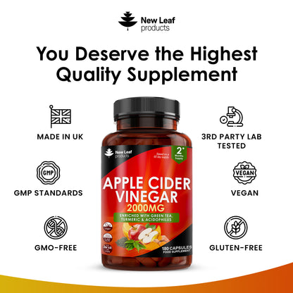 Apple Cider Vinegar Capsules - 180 High Strength Apple Cider Vinegar with Mother Capsules + Probiotics, Tumeric & Ginger