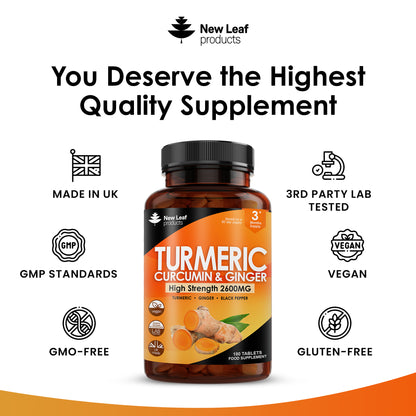 Turmeric Supplements Ginger & Black Pepper Turmeric Tablets 95% Curcumin (3 month supply)