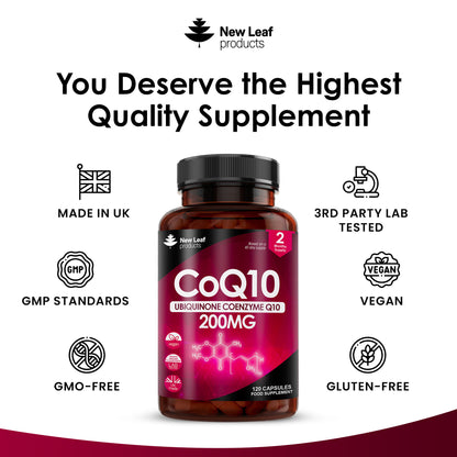CoQ10 Supplement - Co Enzyme CQ10 High Strength 200mg Vegan Ubiquinone Coenzyme Q10 Capsules