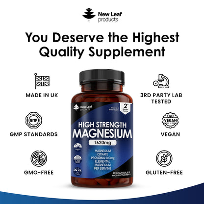 Magnesium Supplements 1620mg Citrate -120 Vegan Capsules High Strength Magnesium
