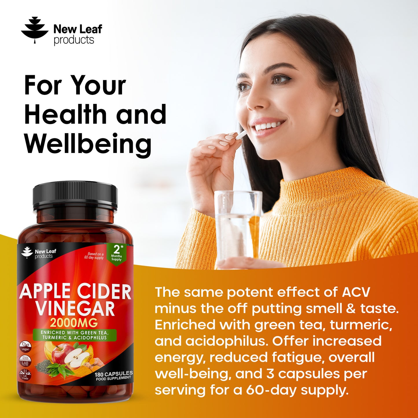 Apple Cider Vinegar Capsules - 180 High Strength Apple Cider Vinegar with Mother Capsules + Probiotics, Tumeric & Ginger